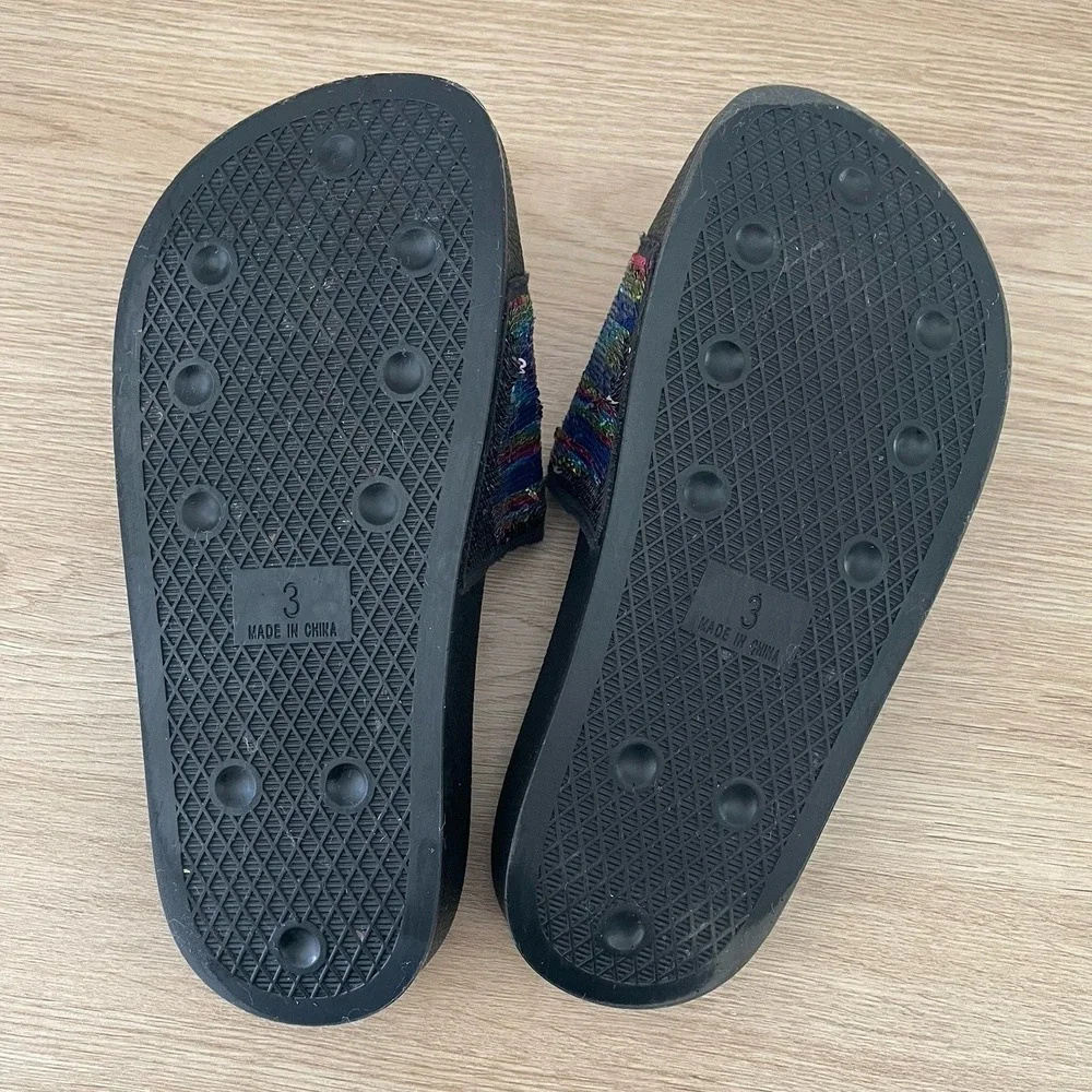 Adidas Adilette Rainbow Sequin Slides Black Multi Color Stripe Kids Size 3